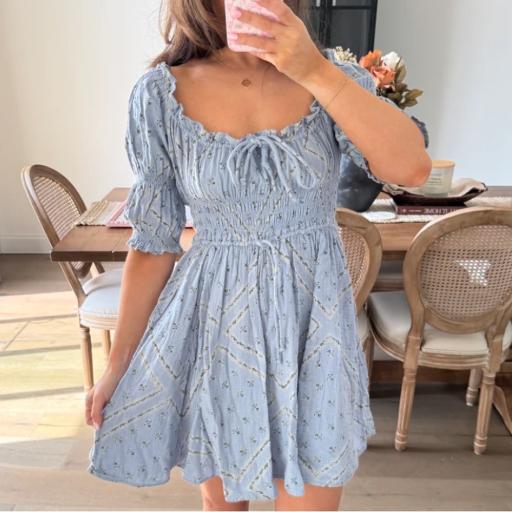 Urban Outfitters Powder Blue Floral Smocked Mini Dress